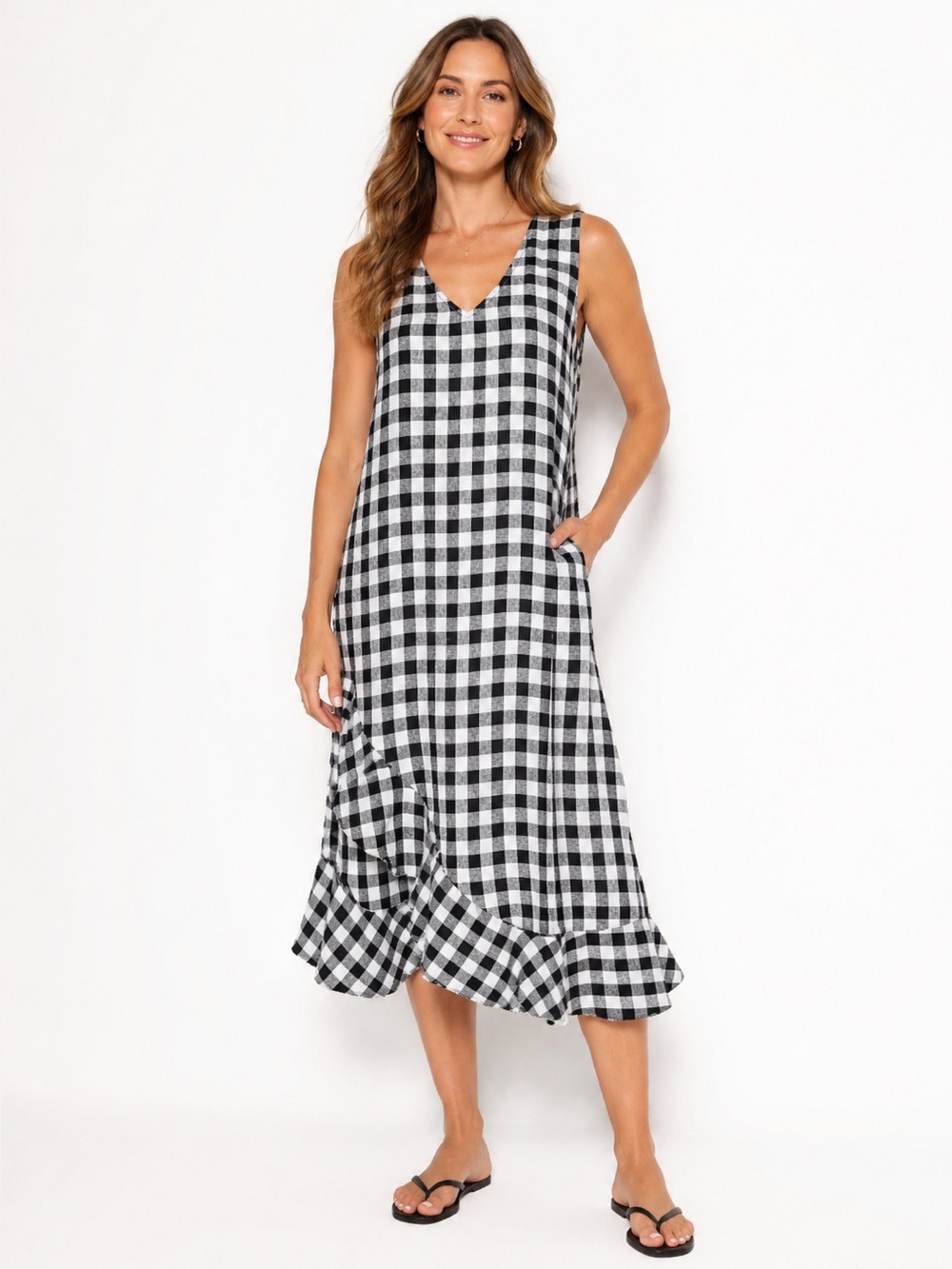 Lord & Taylor sleeveless midi dress small black & white gingham linen ruffle